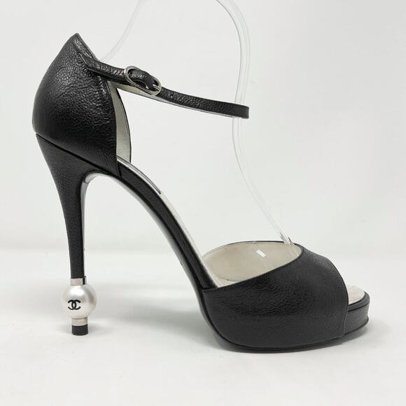 Chanel Black Peep‑Toe Pearl Heel Sandals G27106 Ankle Strap Heel 41.5 - Picture 3 of 13
